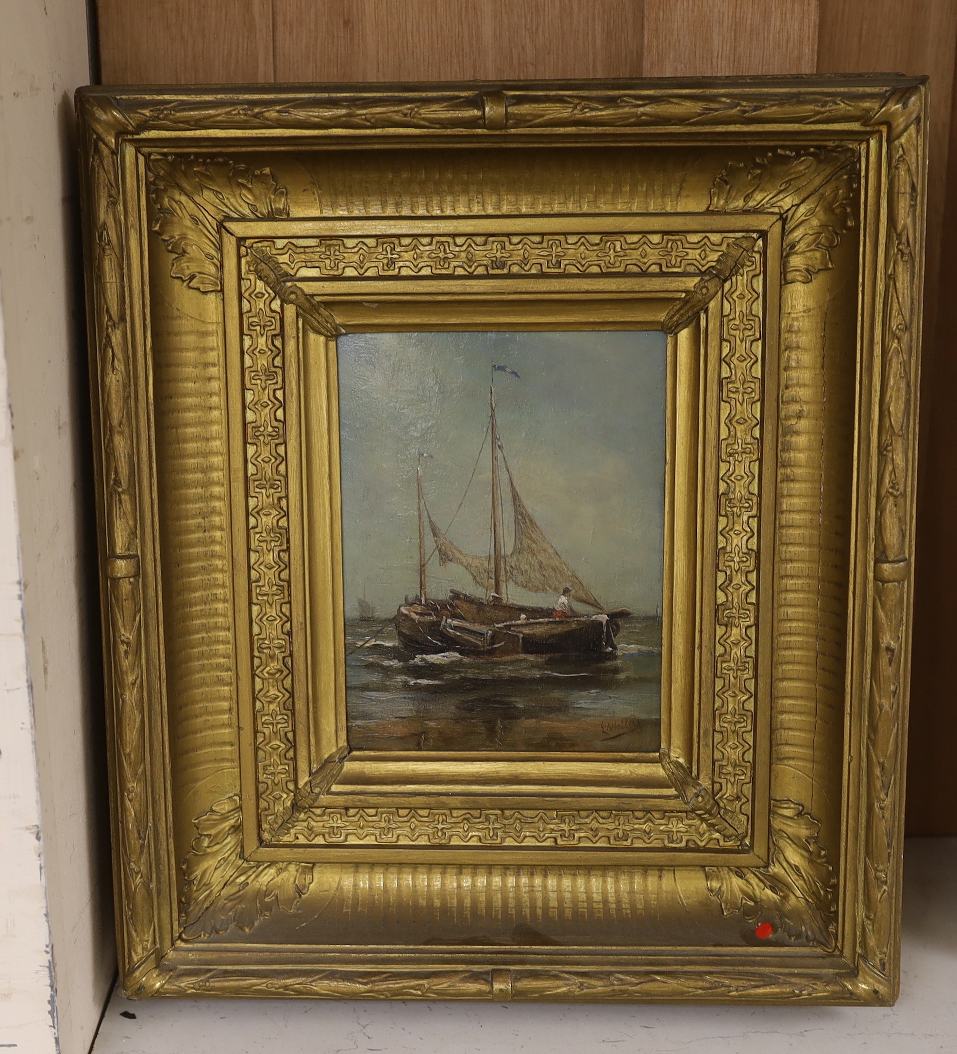 E. Walters, impressionist oil on board, Study of a fishing boat, signed, indistinct pencil inscriptions verso, Eugene Walters?, 19 x 14cm, ornate gilt framed